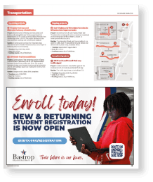 Community Impact newspaper spread — full-page ad across from local transportation news